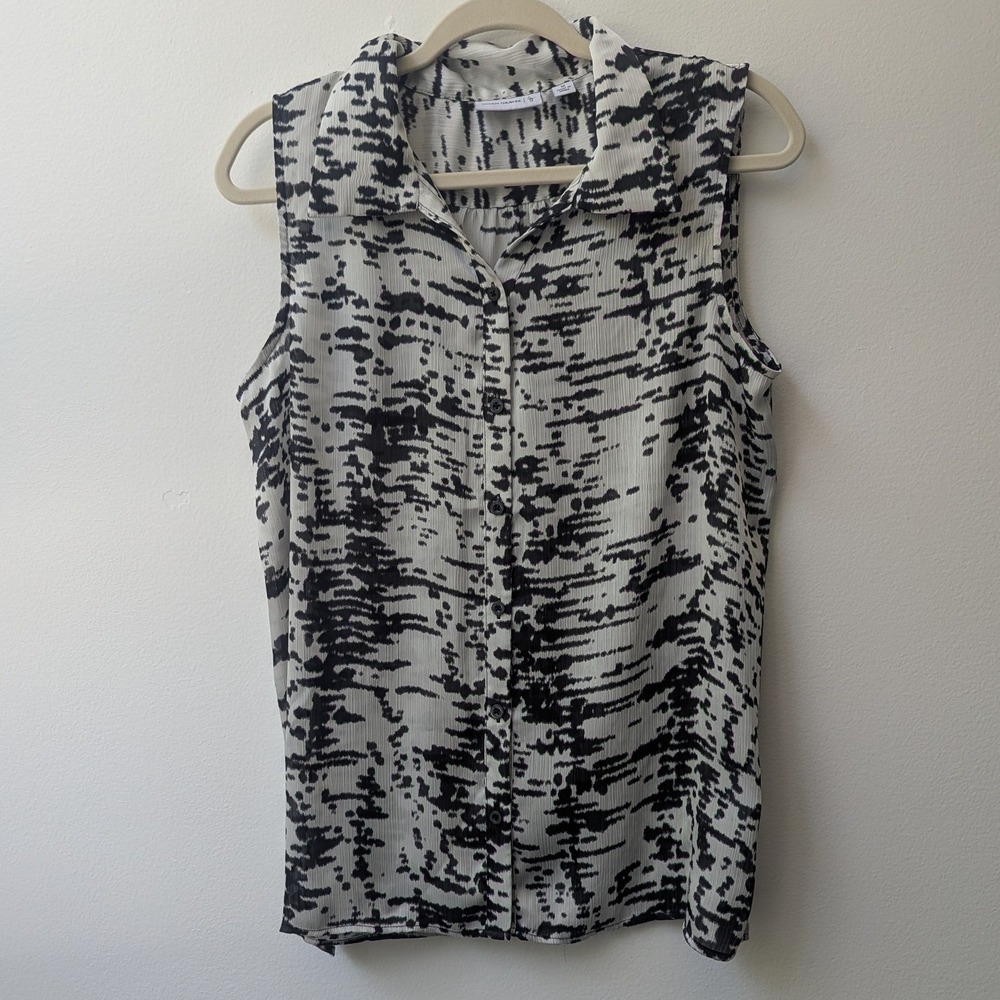 Susan Graver Top Black White Abstract Print Sleeveless Button Down Sz M Office